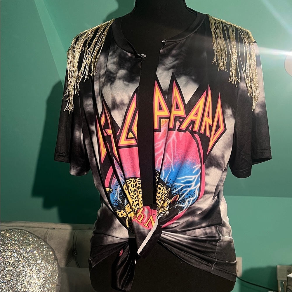 Black Graphic T-Shirt with Fringe